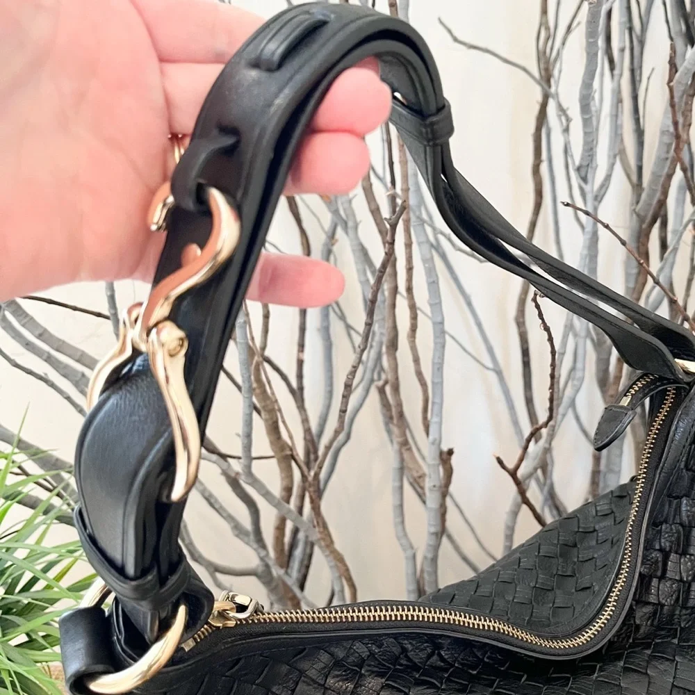 Cole Haan Avery Heritage Weave Black Leather Large Hobo with Hoof Pick Detail